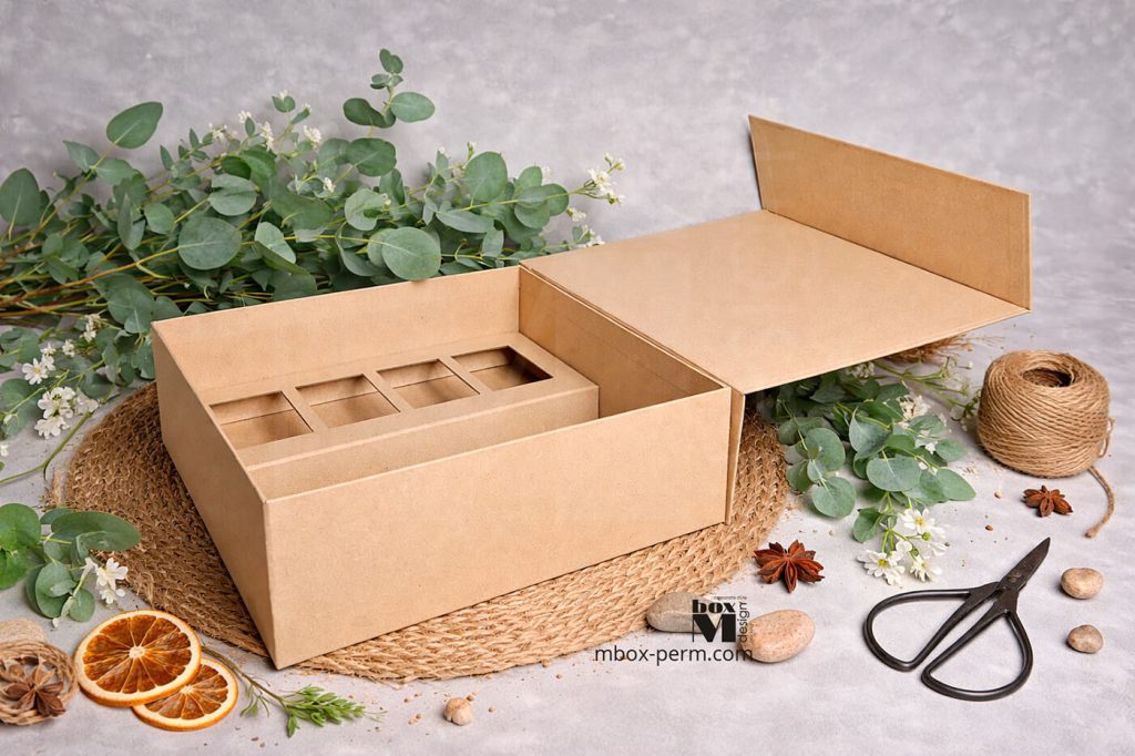 Кашированный эко-короб с картонным ложементом для сувенирного набора производства M-box